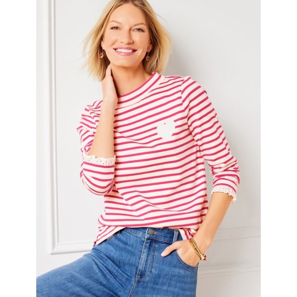 Talbots Pink White Striped Mock Neck Heart Eyelet Lace Long Sleeve Top Small